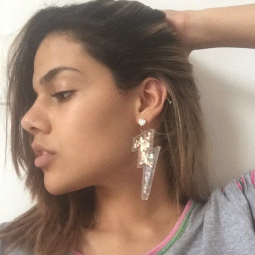 Acrylic Glitter Lightning Bolt Earrings, Kawaii Jewelry, 80s 90s Inspired - Picture 6 of 7